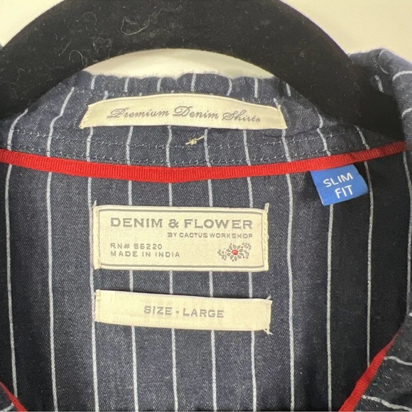 Denim & Flower Mens Casual Button Up Shirt Navy Striped Short Sleeve Slim Fit L - Picture 4 of 11